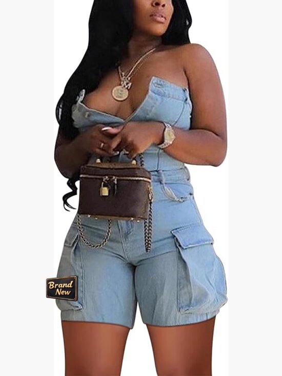 Pants - Strapless Denim Romper Cargo Shorts Slim Fit XXL One Piece Jumpsuit